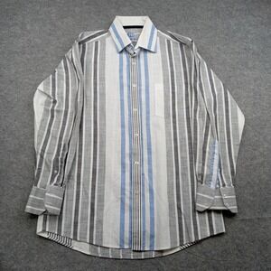 Haines Bonner Dress Shirt Mens Large Gray Blue Stripe Cotton Long Sleeve
